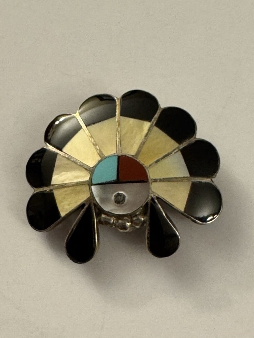VIntage Zuni Inlay Sun Face Headdress Brooch Pin Sterling Silver B63
